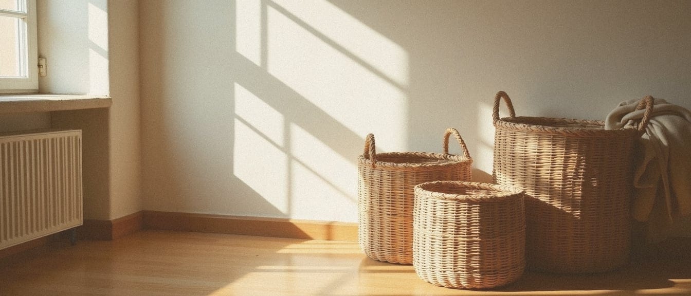 Wiklinowe kosze we wnętrzu w stylu japandi